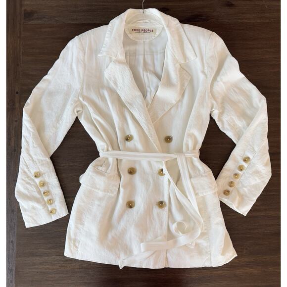 Free People White Linen Blazer White Double Breasted Short Trench Olivia - Picture 2 of 14